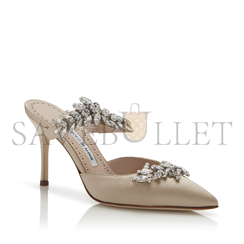MANOLO BLAHNIK LURUMUS CHAMPAGNE SATIN CRYSTAL EMBELLISHED MULES 9XX-0362-0032 MANOLO BLAHNIK LURUMUS CHAMPAGNE SATIN CRYSTAL EMBELLISHED MULES 9XX-0362-0032