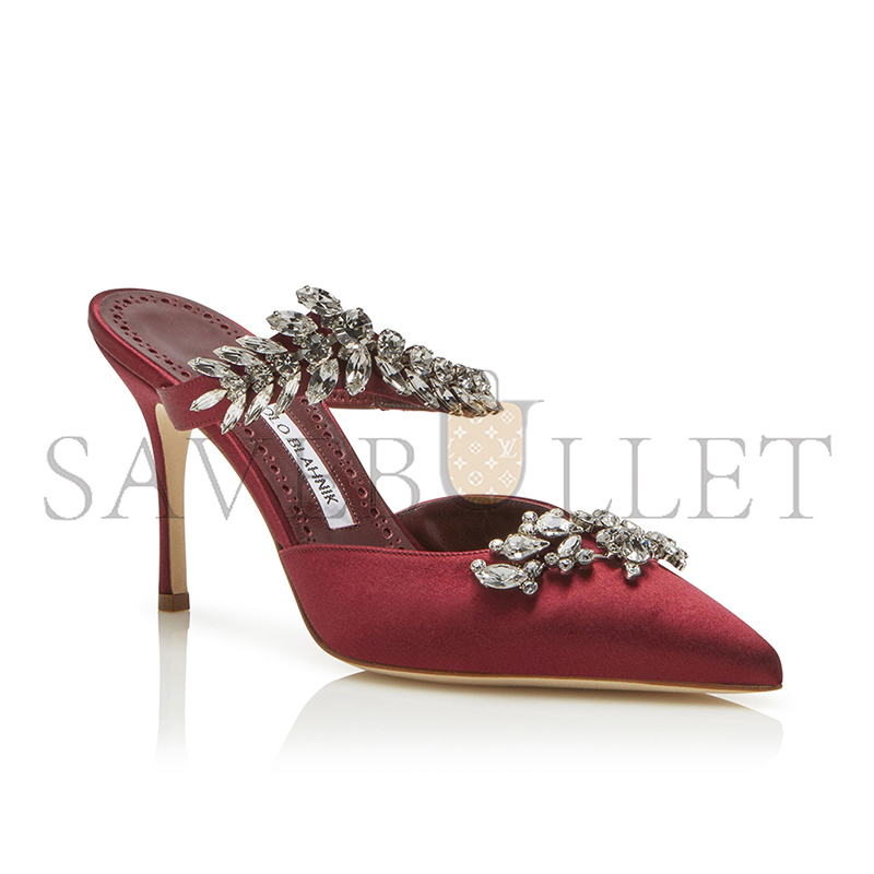MANOLO BLAHNIK LURUMUS BURGUNDY SATIN CRYSTAL EMBELLISHED MULES 9XX-0362-0038 MANOLO BLAHNIK LURUMUS BURGUNDY SATIN CRYSTAL EMBELLISHED MULES 9XX-0362-0038