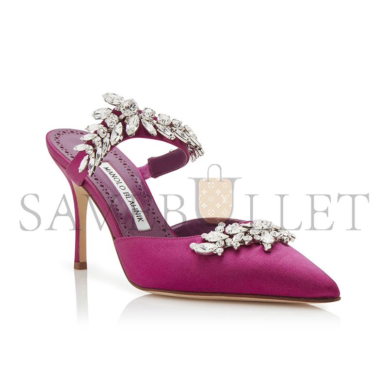 MANOLO BLAHNIK LURUMUS FUCHSIA SATIN CRYSTAL EMBELLISHED MULES 9XX-0362-0030 MANOLO BLAHNIK LURUMUS FUCHSIA SATIN CRYSTAL EMBELLISHED MULES 9XX-0362-0030