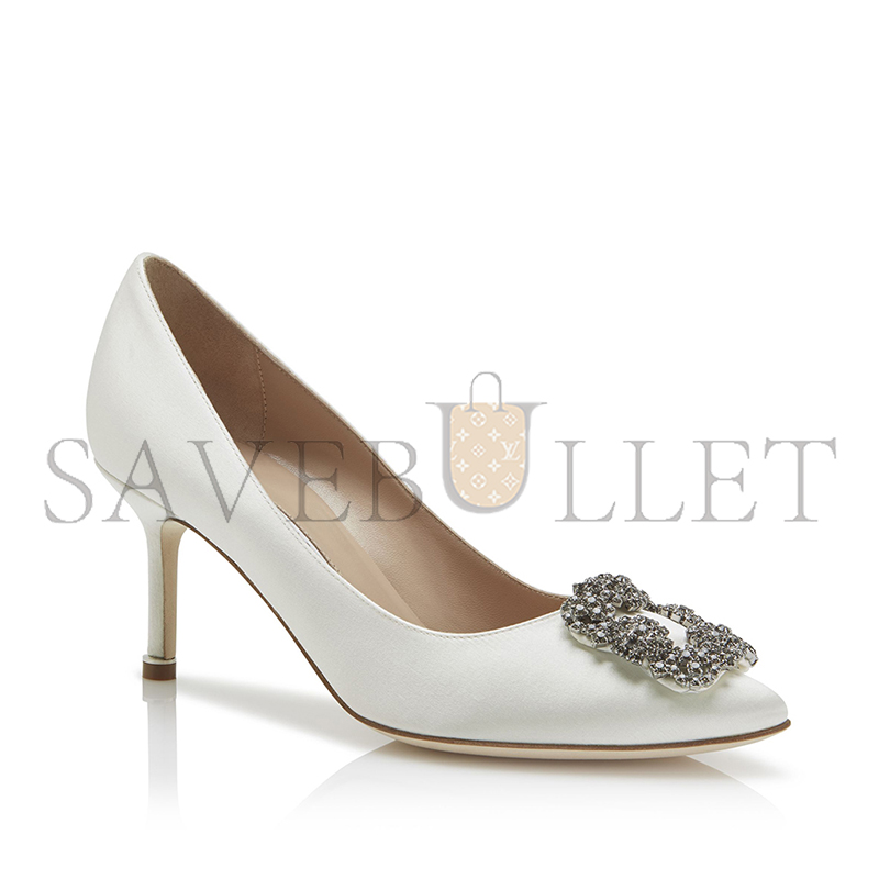 MANOLO BLAHNIK HANGISI 70 WHITE SATIN JEWEL BUCKLE PUMPS 9XX-0662-0039 MANOLO BLAHNIK HANGISI 70 WHITE SATIN JEWEL BUCKLE PUMPS 9XX-0662-0039