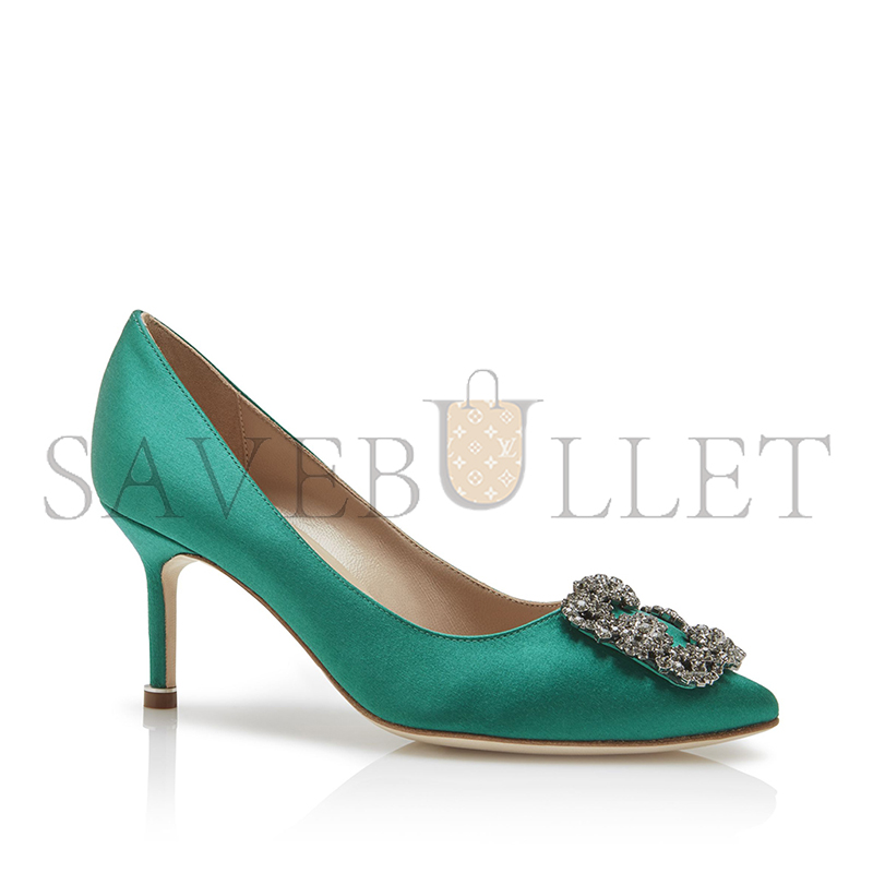 MANOLO BLAHNIK HANGISI 70 GREEN SATIN JEWEL BUCKLE PUMPS 9XX-0662-0030 MANOLO BLAHNIK HANGISI 70 GREEN SATIN JEWEL BUCKLE PUMPS 9XX-0662-0030