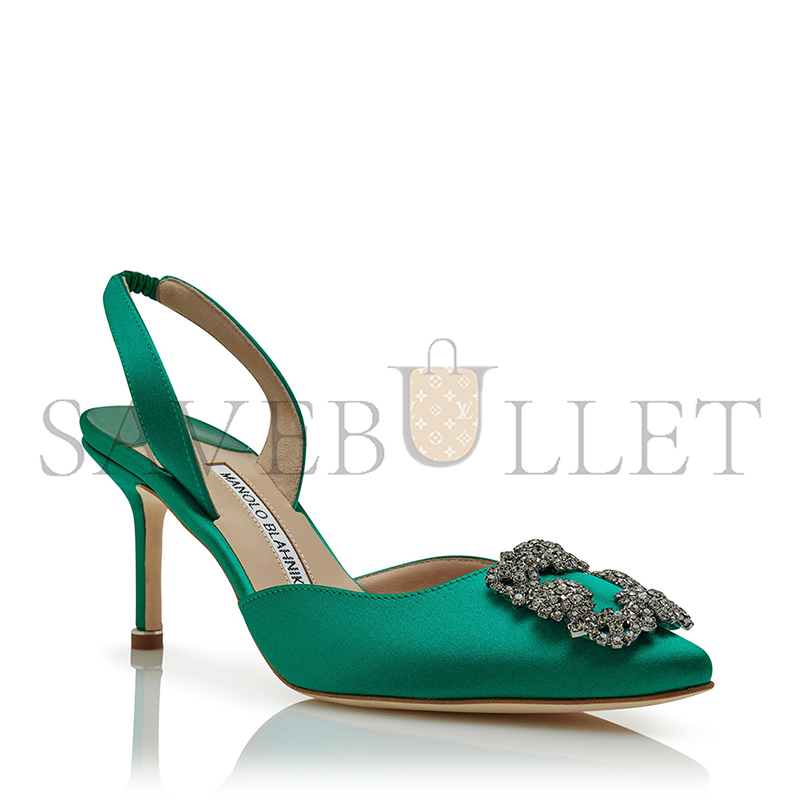 MANOLO BLAHNIK HANGISLI GREEN SATIN JEWEL BUCKLE SLINGBACK PUMPS 419-0473-0007 MANOLO BLAHNIK HANGISLI GREEN SATIN JEWEL BUCKLE SLINGBACK PUMPS 419-0473-0007