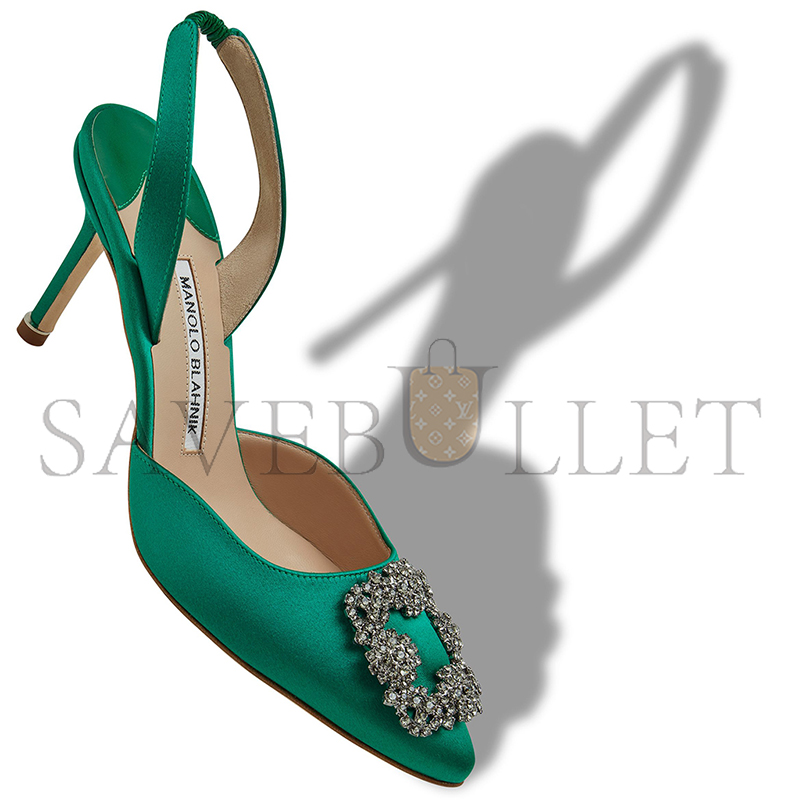 MANOLO BLAHNIK HANGISLI GREEN SATIN JEWEL BUCKLE SLINGBACK PUMPS 419-0473-0007 MANOLO BLAHNIK HANGISLI GREEN SATIN JEWEL BUCKLE SLINGBACK PUMPS 419-0473-0007