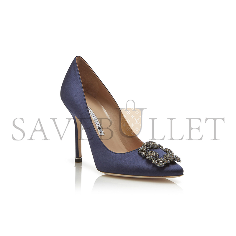 MANOLO BLAHNIK HANGISI NAVY BLUE SATIN JEWEL BUCKLE PUMPS 9XX-0664-0050 MANOLO BLAHNIK HANGISI NAVY BLUE SATIN JEWEL BUCKLE PUMPS 9XX-0664-0050