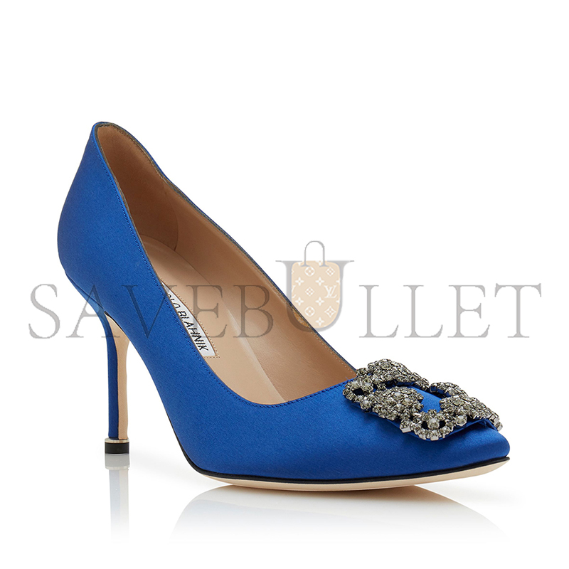 MANOLO BLAHNIK HANGISI 90 BLUE SATIN JEWEL BUCKLE PUMPS 9XX-0663-0048 MANOLO BLAHNIK HANGISI 90 BLUE SATIN JEWEL BUCKLE PUMPS 9XX-0663-0048