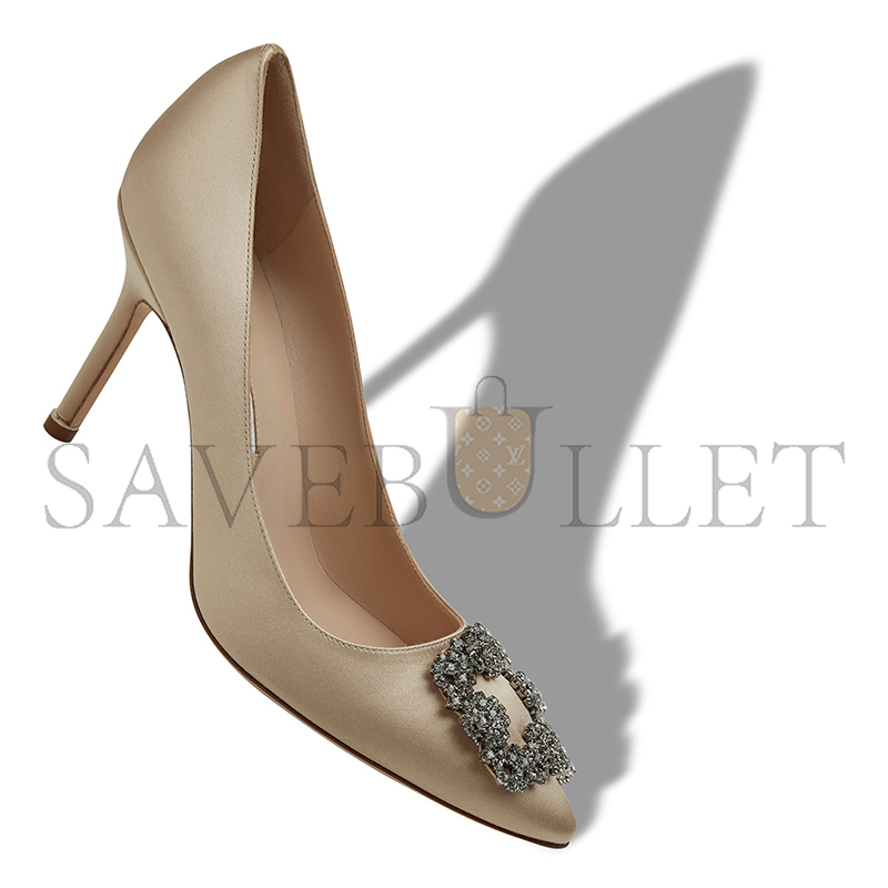 MANOLO BLAHNIK HANGISI 90 LIGHT BEIGE SATIN JEWEL BUCKLE PUMPS 9XX-0663-0042 MANOLO BLAHNIK HANGISI 90 LIGHT BEIGE SATIN JEWEL BUCKLE PUMPS 9XX-0663-0042