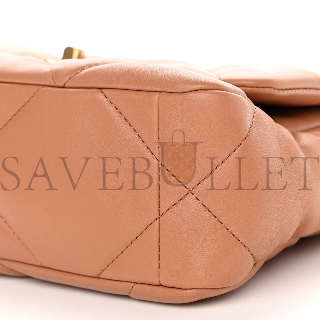 CHANEL LAMBSKIN QUILTED MEDIUM CHANEL 19 FLAP LIGHT BROWN GOLD HARDWARE (25*17*8cm)