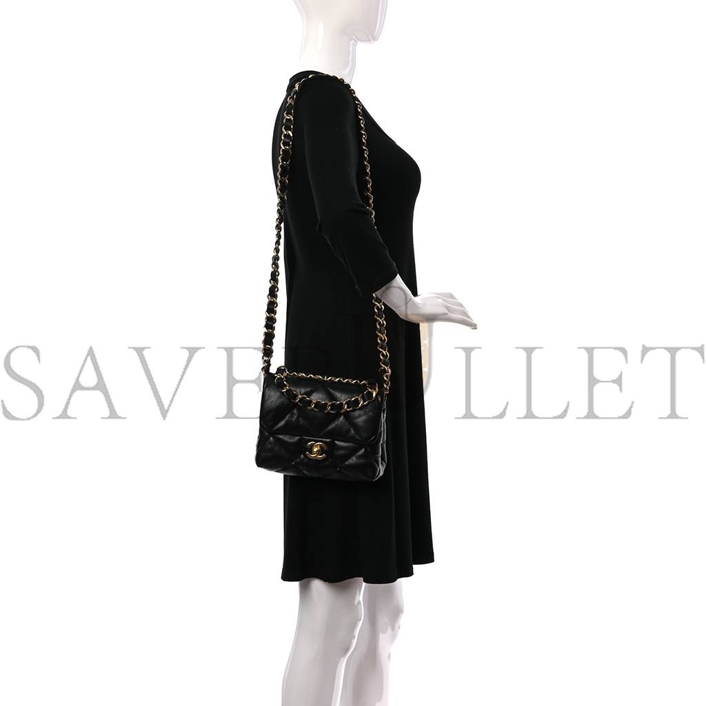 CHANEL LAMBSKIN QUILTED CHAIN TOP HANDLE FLAP BLACK GOLD HARDWARE (19*18*3cm)