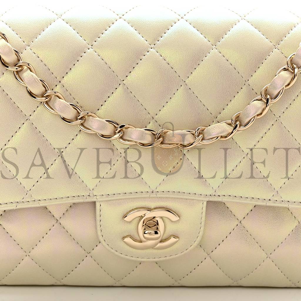 CHANEL IRIDESCENT LAMBSKIN QUILTED MEDIUM DOUBLE FLAP IVORY ROSE GOLD HARDWARE (25*15*6cm)