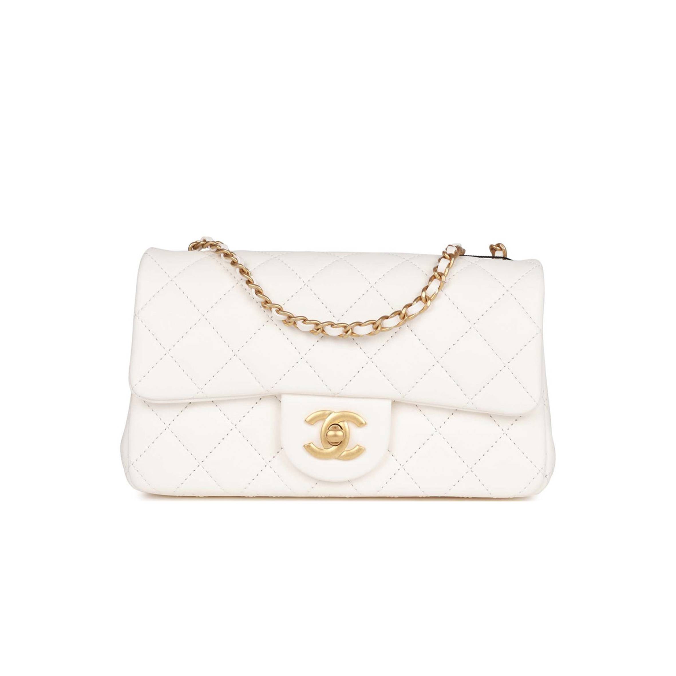 CHANEL PEARL CRUSH MINI RECTANGULAR FLAP BAG WHITE LAMBSKIN ANTIQUE GOLD HARDWARE (20*13*6cm)