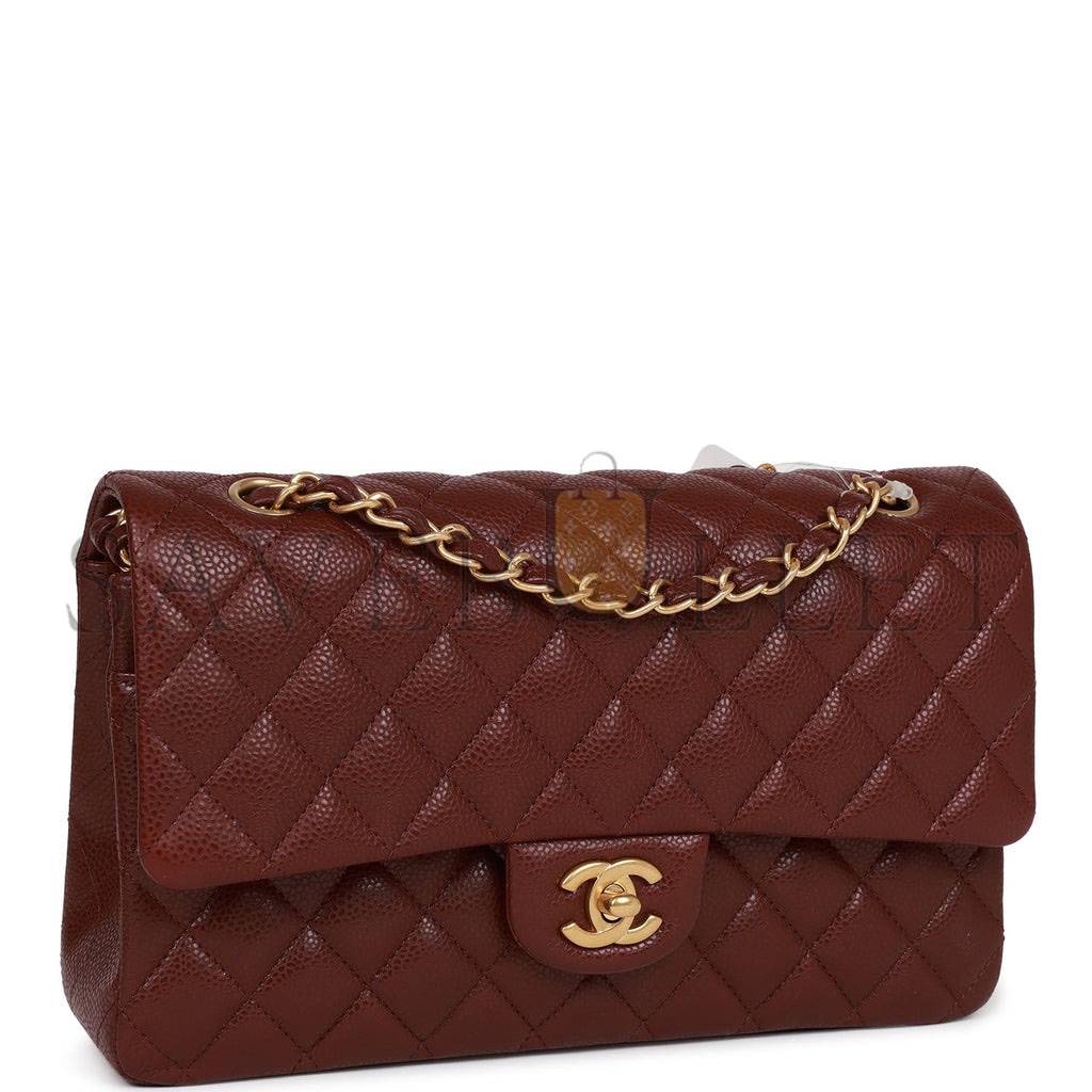 CHANEL MEDIUM CLASSIC DOUBLE FLAP BAG BURGUNDY CAVIAR ANTIQUE GOLD HARDWARE (25*15*7cm)