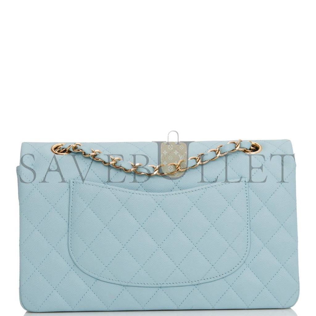 CHANEL MEDIUM CLASSIC DOUBLE FLAP BAG BLUE QUILTED CAVIAR LIGHT GOLD HARDWARE (25*15*7cm)