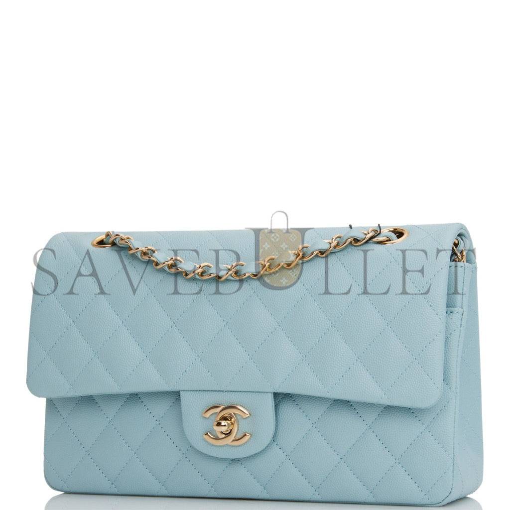 CHANEL MEDIUM CLASSIC DOUBLE FLAP BAG BLUE QUILTED CAVIAR LIGHT GOLD HARDWARE (25*15*7cm)