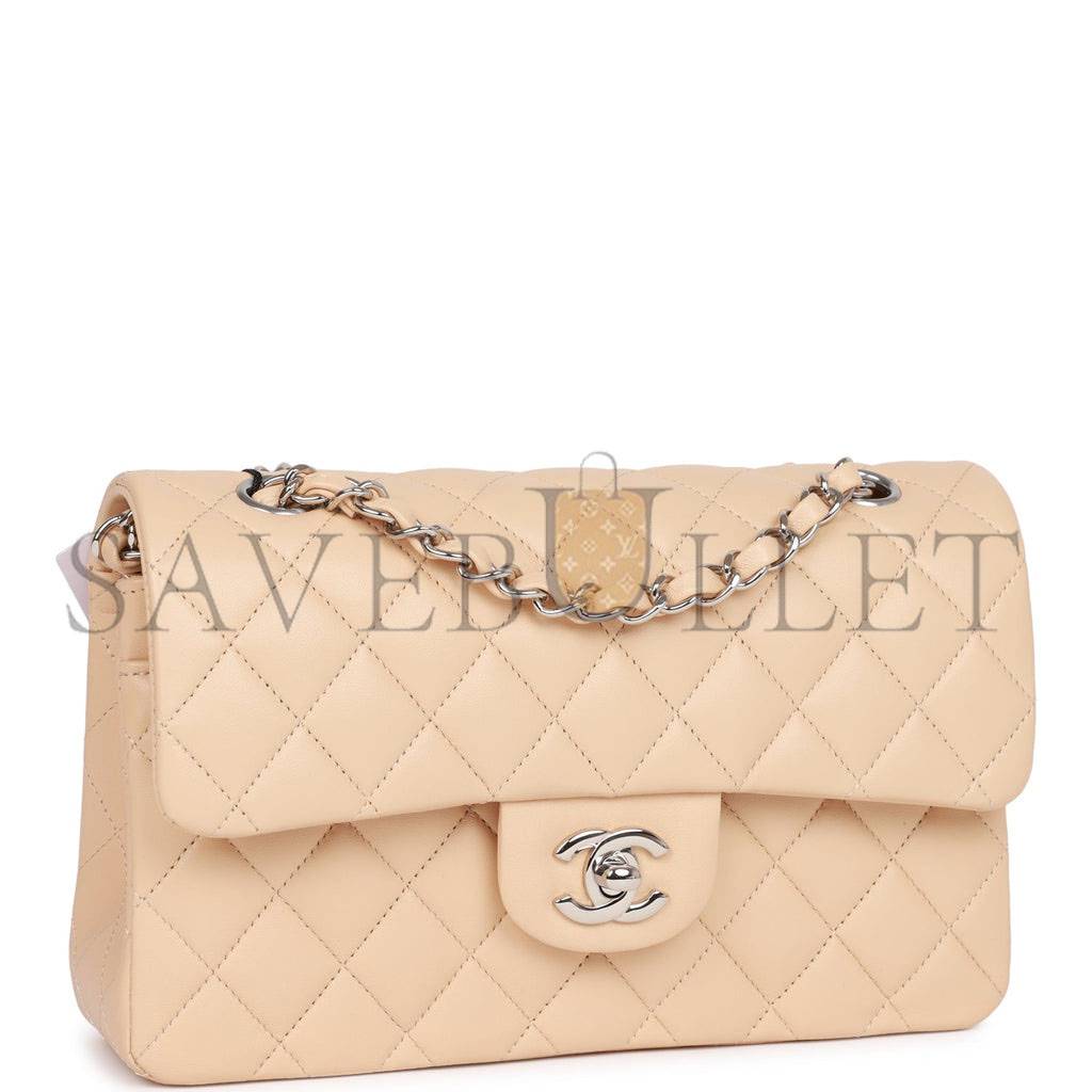 CHANEL SMALL CLASSIC DOUBLE FLAP BEIGE LAMBSKIN SILVER HARDWARE (23*13*6cm)