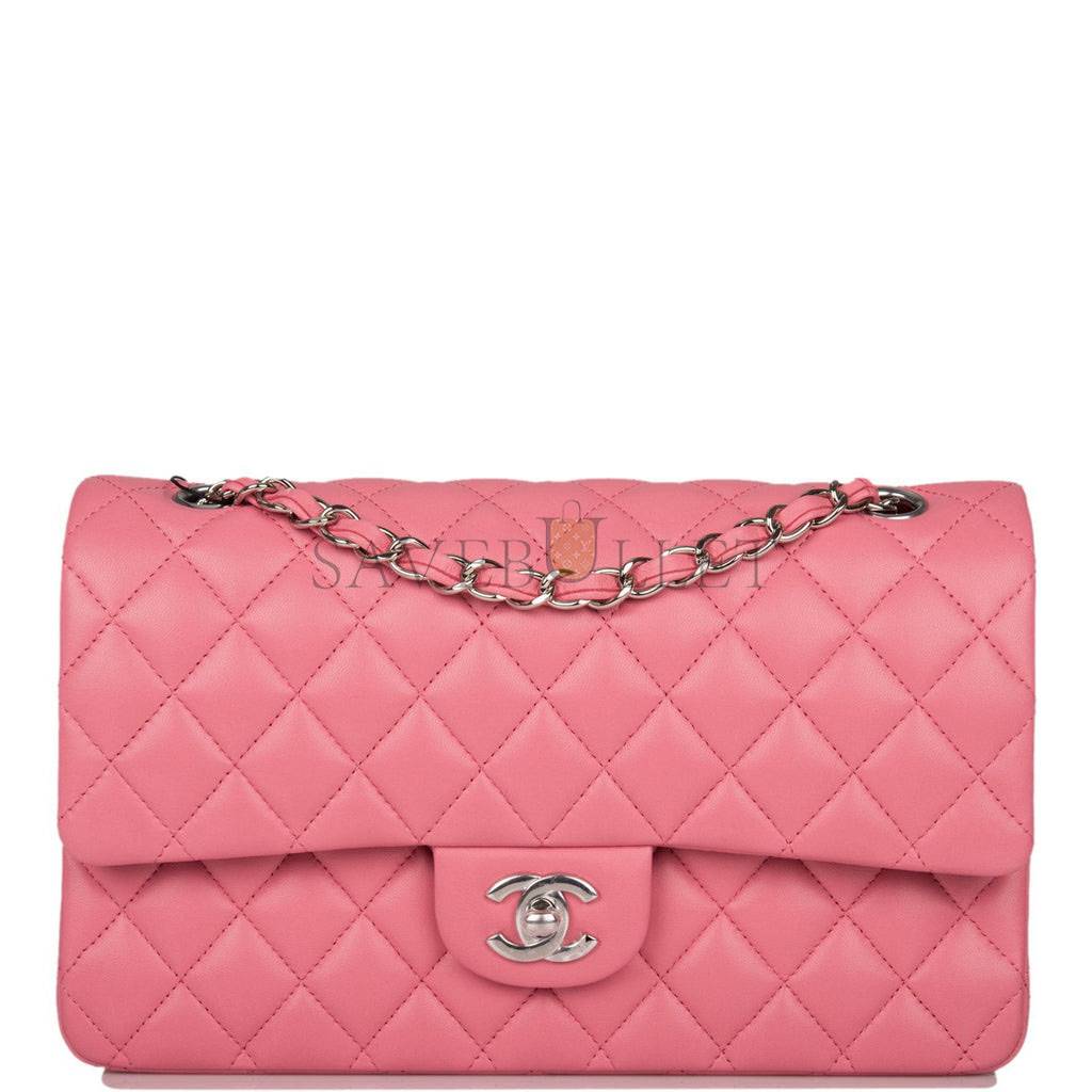 CHANEL MEDIUM CLASSIC DOUBLE FLAP BAG ROSE QUILTED LAMBSKIN SILVER HARDWARE (25*15*7cm)