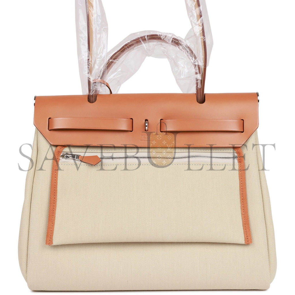 HERMES HERBAG ZIP PM 31 BETON TOILE H BERLINE VACHE NATUREL HUNTER PALLADIUM HARDWARE(30*27*11cm)