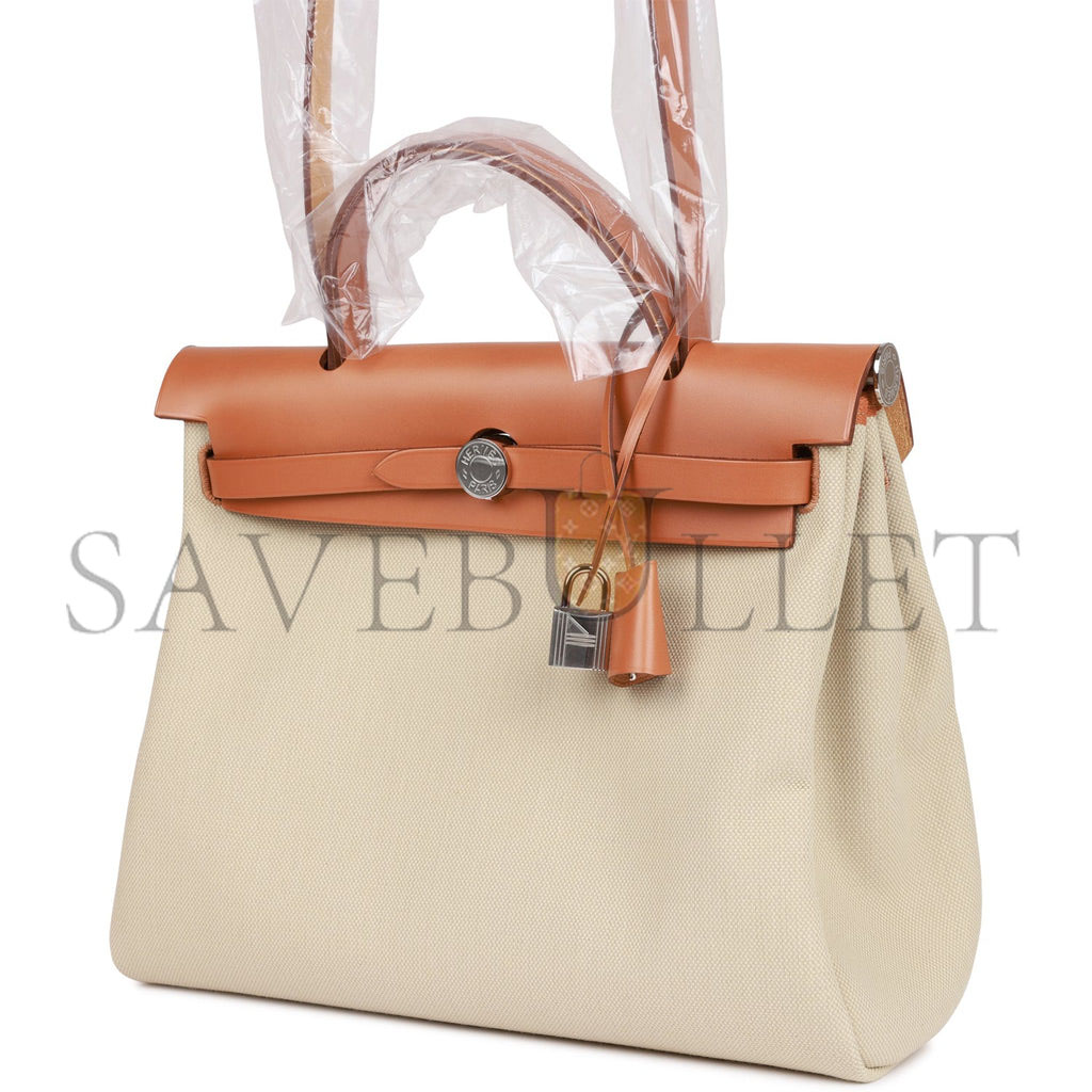 HERMES HERBAG ZIP PM 31 BETON TOILE H BERLINE VACHE NATUREL HUNTER PALLADIUM HARDWARE(30*27*11cm)