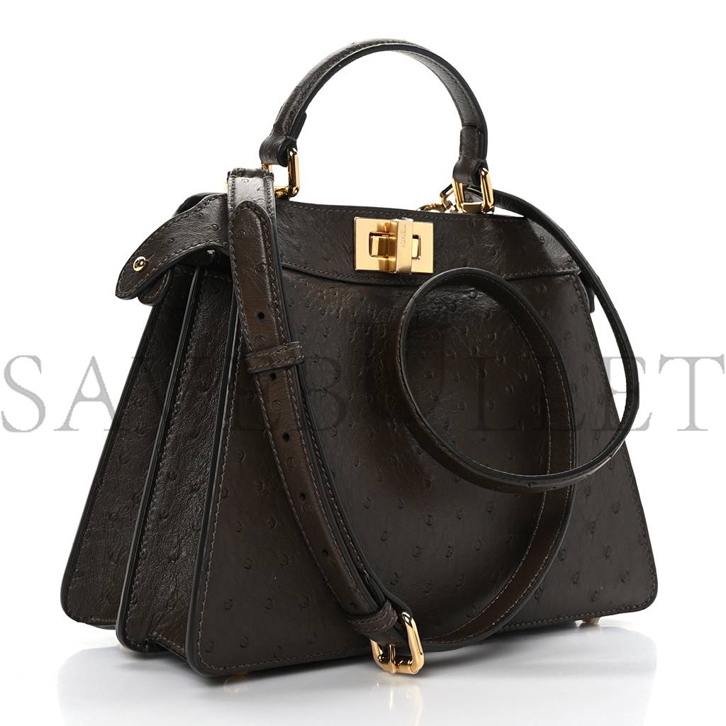 FENDI OSTRICH SHINY NAPPA SMALL PEEKABOO I SEE U SATCHEL DARK BROWN (27*20*11cm)